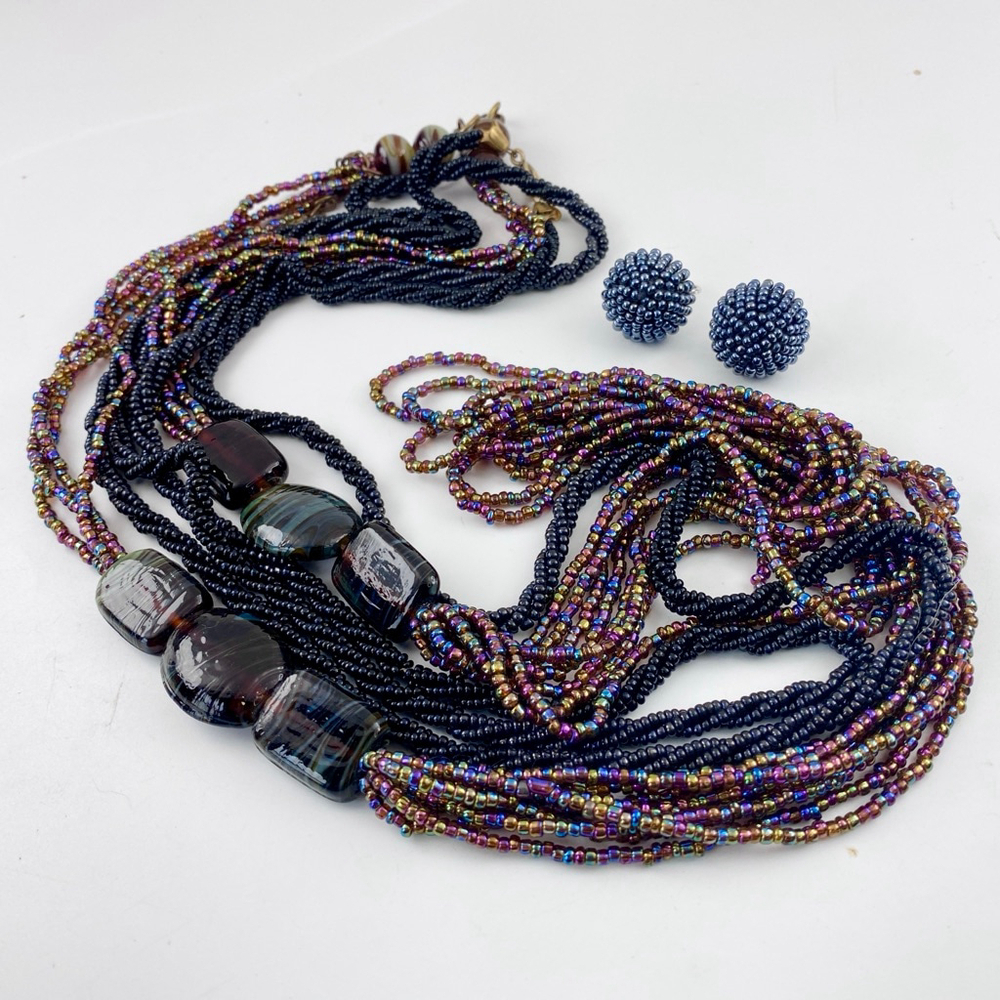 Vintage Peacock Carnival Glass Black Seed Bead Necklace Lot Clip on Earrings. - Picture 5 of 6